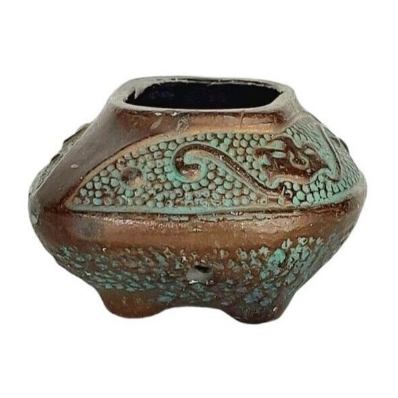 Antique Ornate Hand Crafted Temple Copper Finish Incense Burner Pottery Japan - Picture 9 of 13